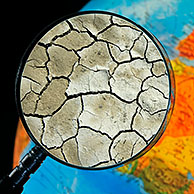 Cracked earth by drought seen through magnifying glass held against illuminated terrestrial globe